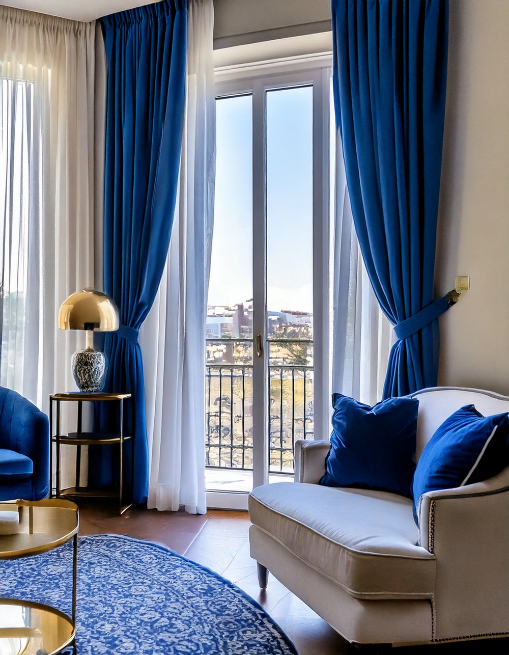 Layered Navy and White Window Treatments