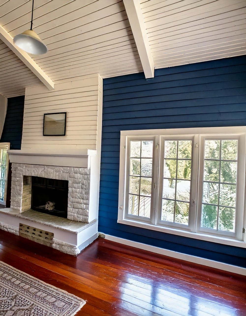 Navy Accent Wall with White Shiplap Ceiling