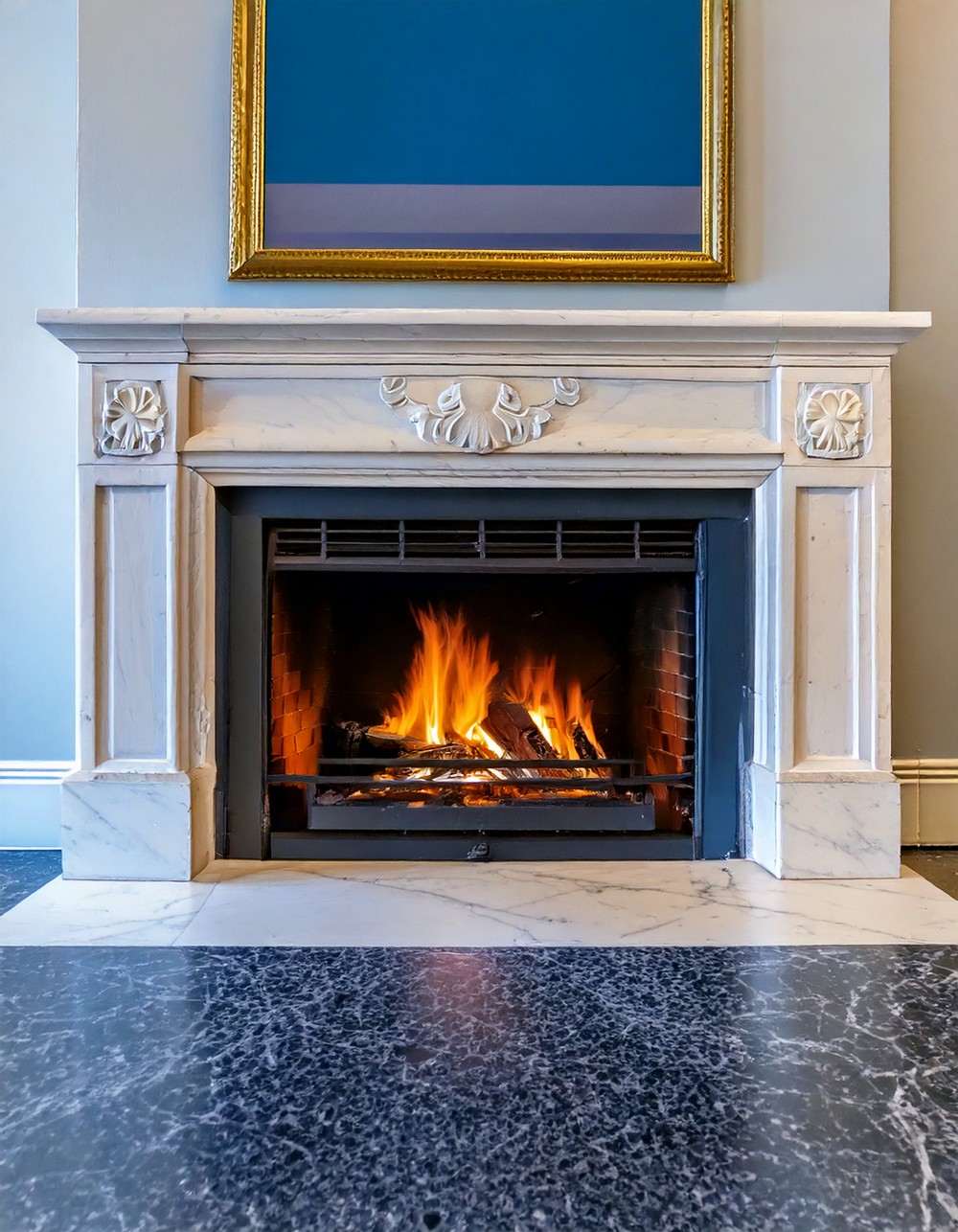Navy Painted Fireplace with White Marble Surround