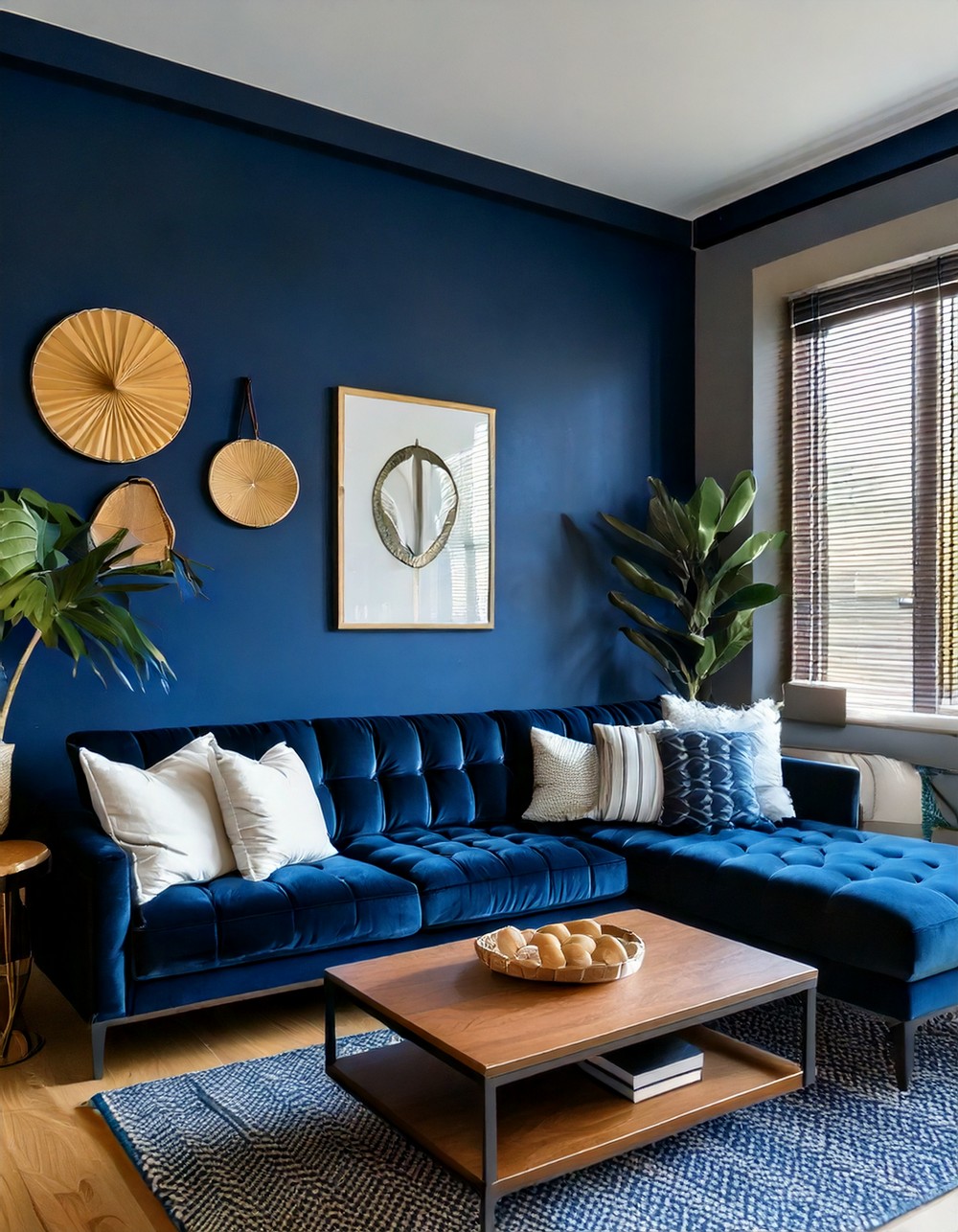 Navy Velvet Sofa with White Throw Pillows