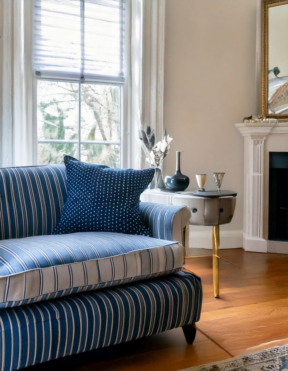 White Sofa with Navy Pinstripe Upholstery