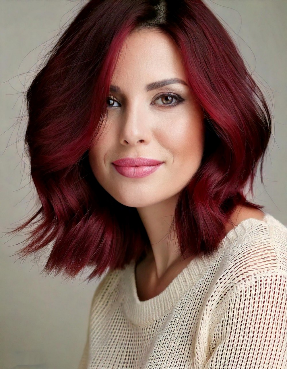 Mid-Length Cut with Burgundy Highlights