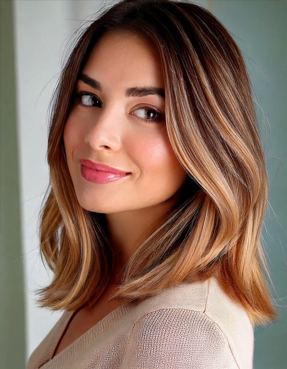 Razor Cut Lob with Honey Highlights
