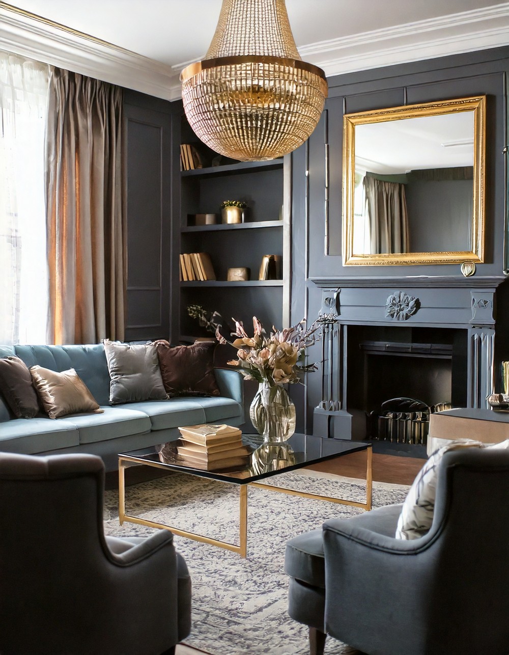 Beautiful Gray Living Room with Gold Notes