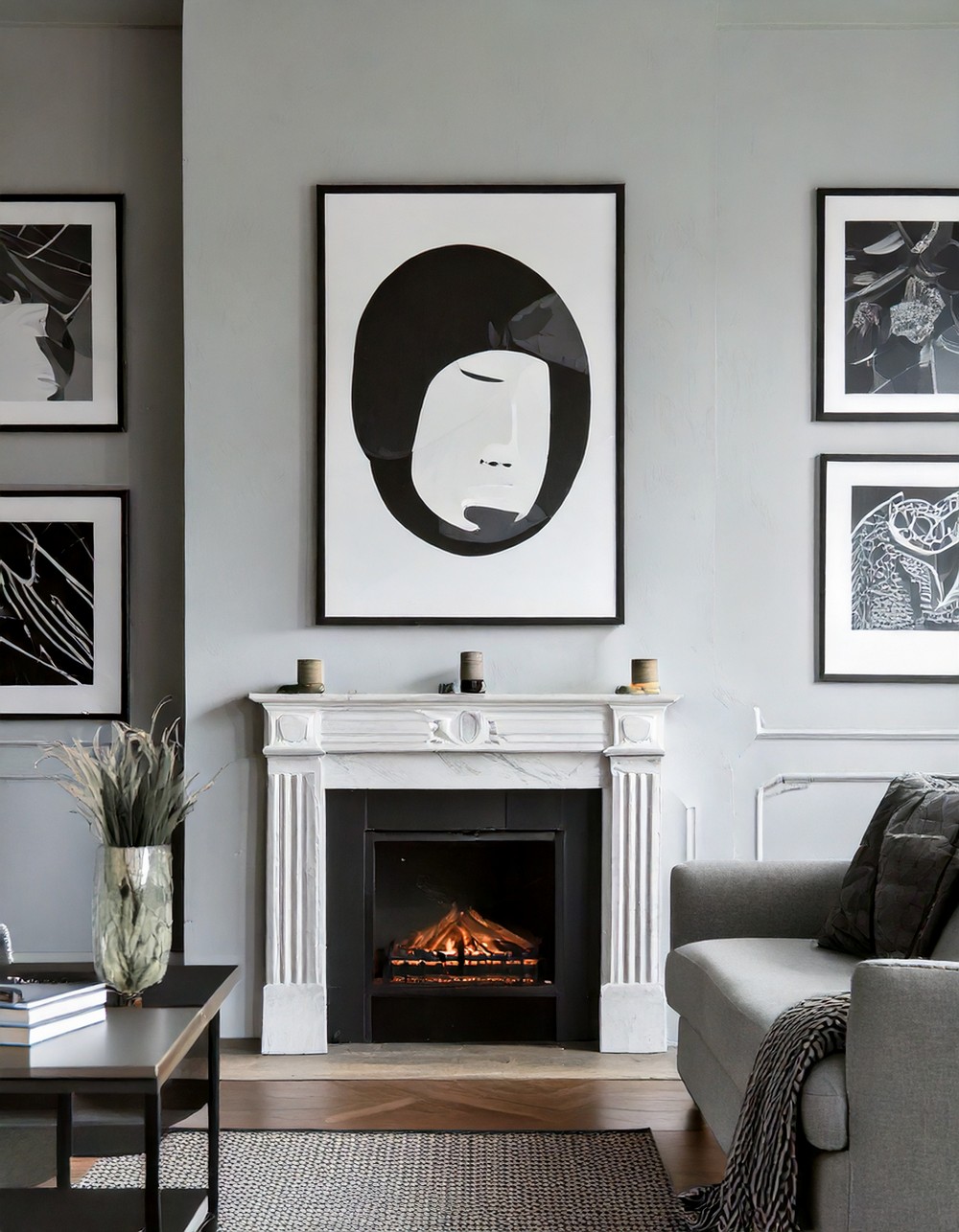 Black and White Art in Gray Living Room