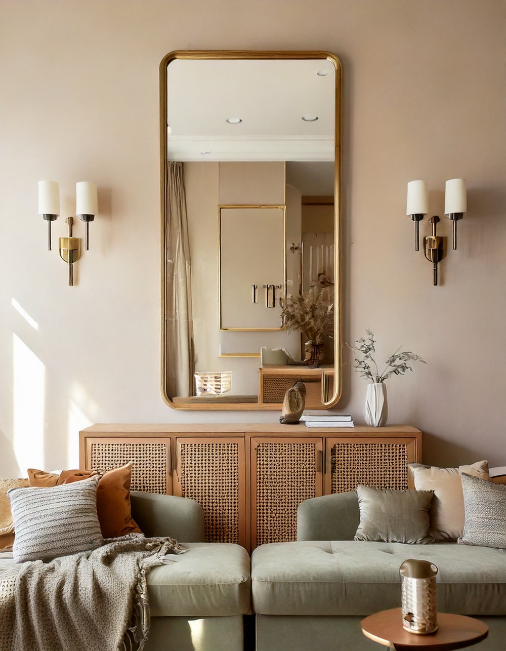 Decorating Rectangle Living Rooms With Wall Mirrors