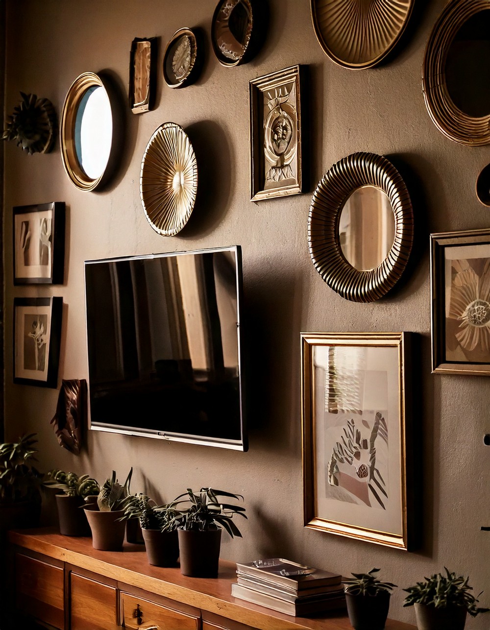 Eclectic TV Wall with Artistic Touches