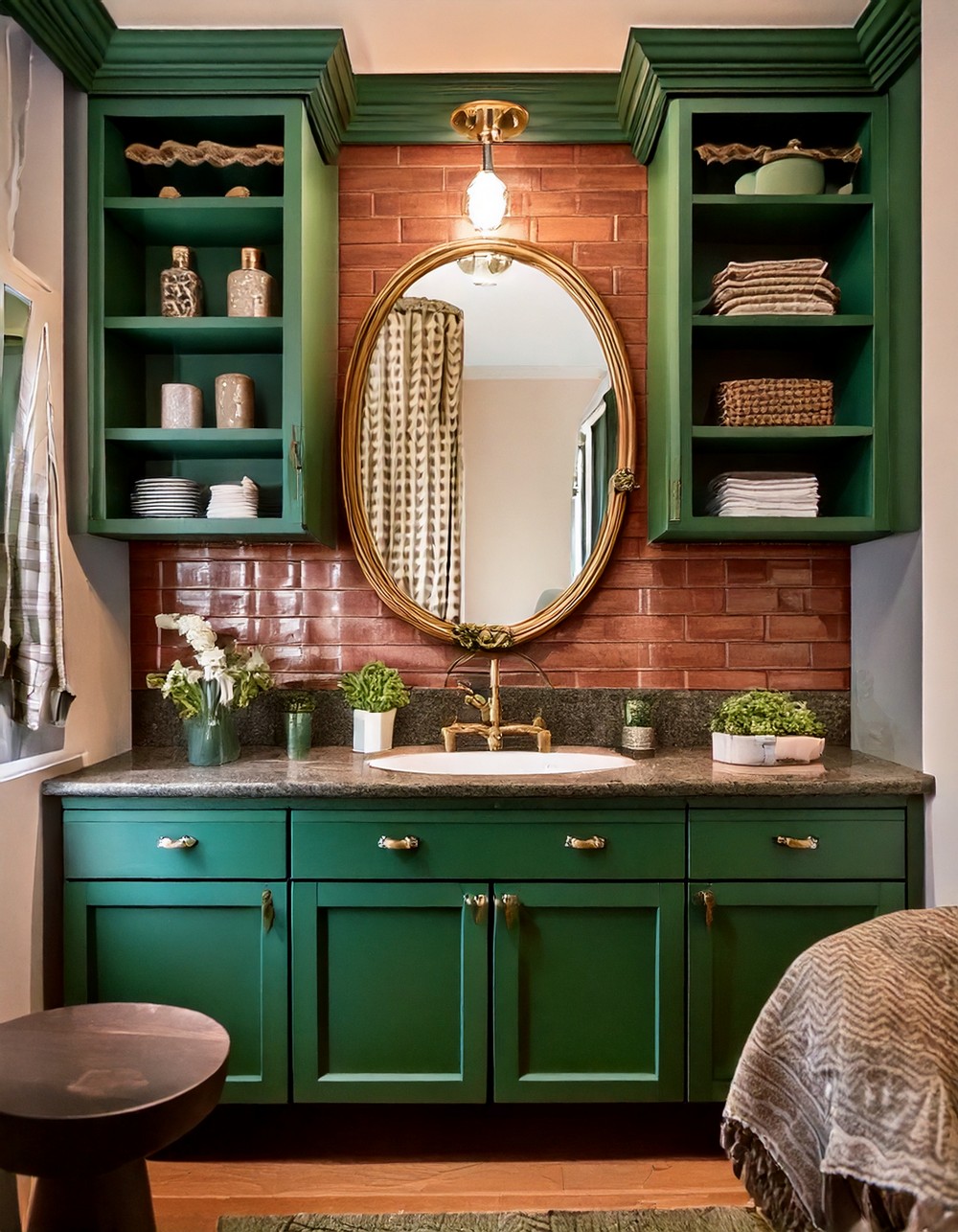 Forest Green Cabinets with Open Shelving