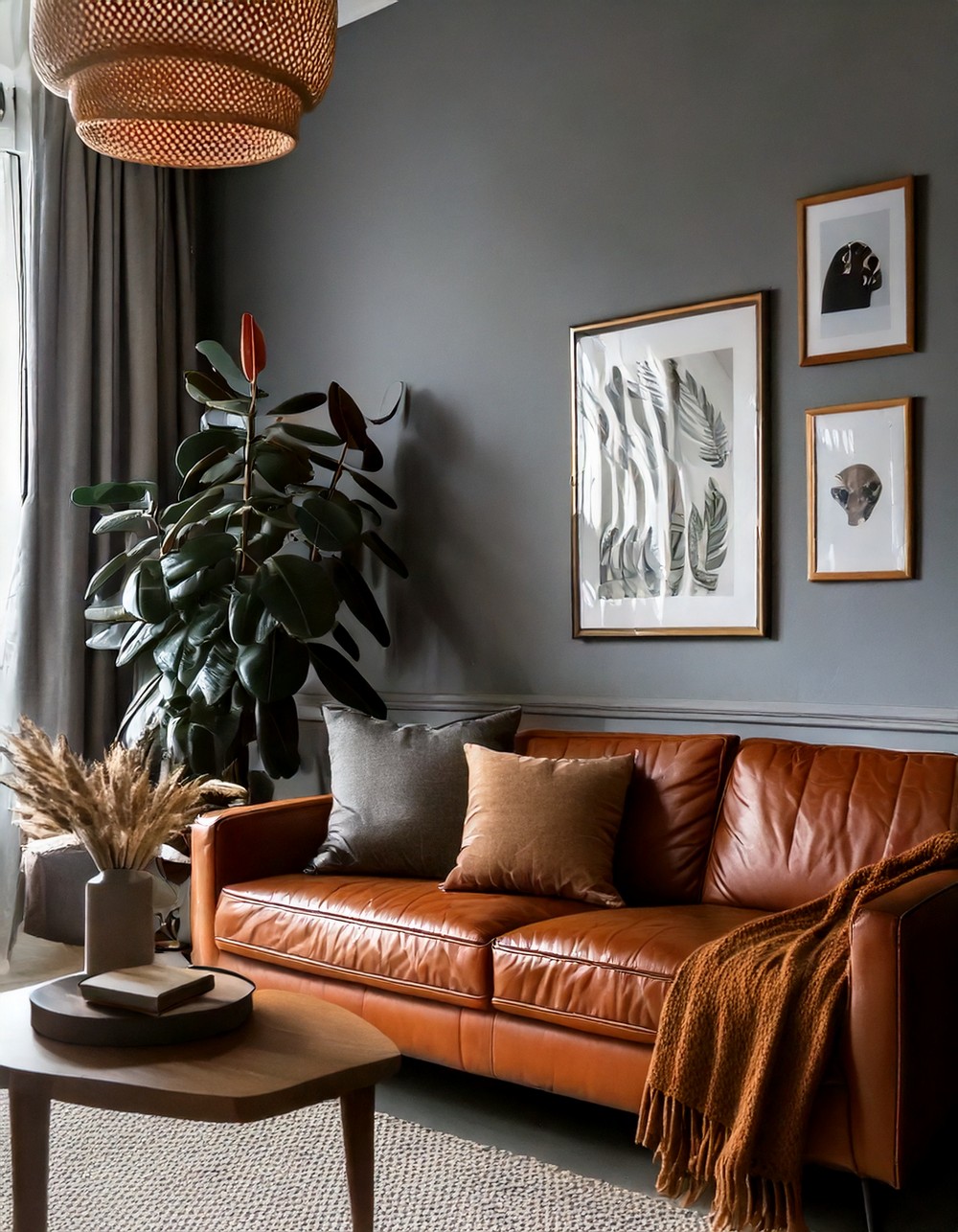Gray Living Room with Brown Leather Furniture