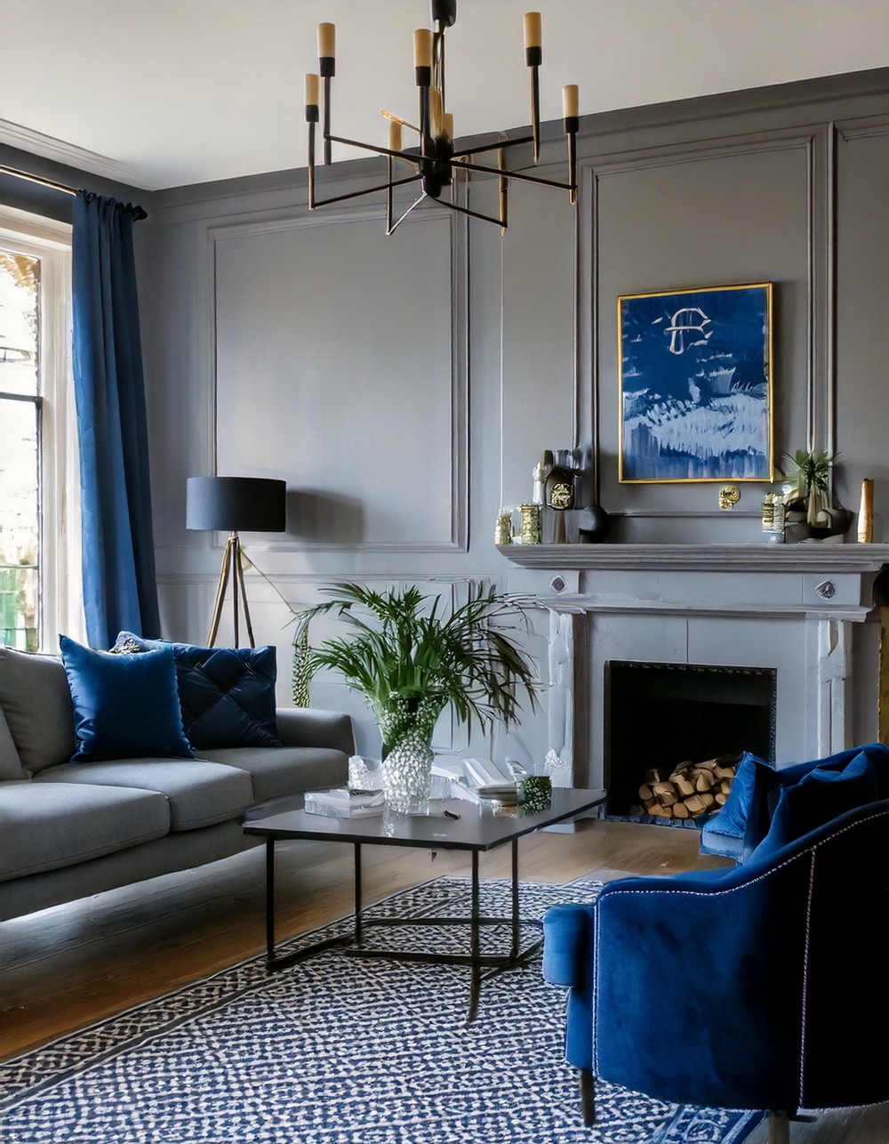 Gray Living Room with Navy Blue Notes