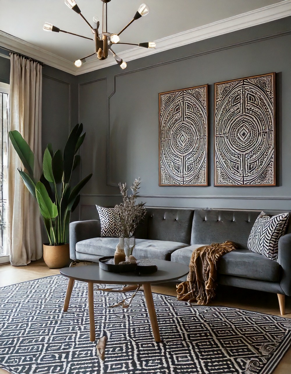 Gray Living Room with Patterned Rugs