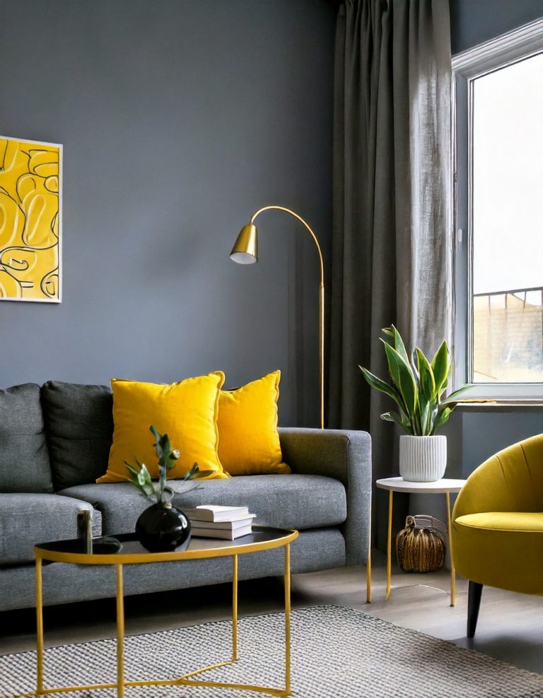 Gray Living Room with Yellow Pops-of- Interest