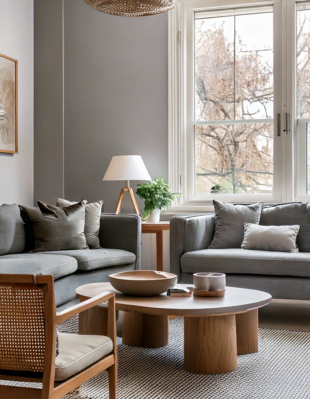Gray living room with wood accents