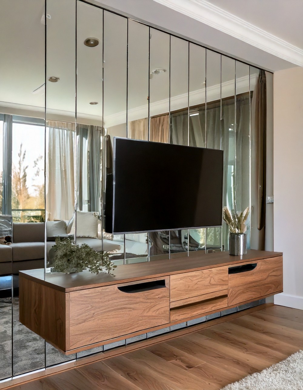 Mirrored TV Wall for a Spacious Effect