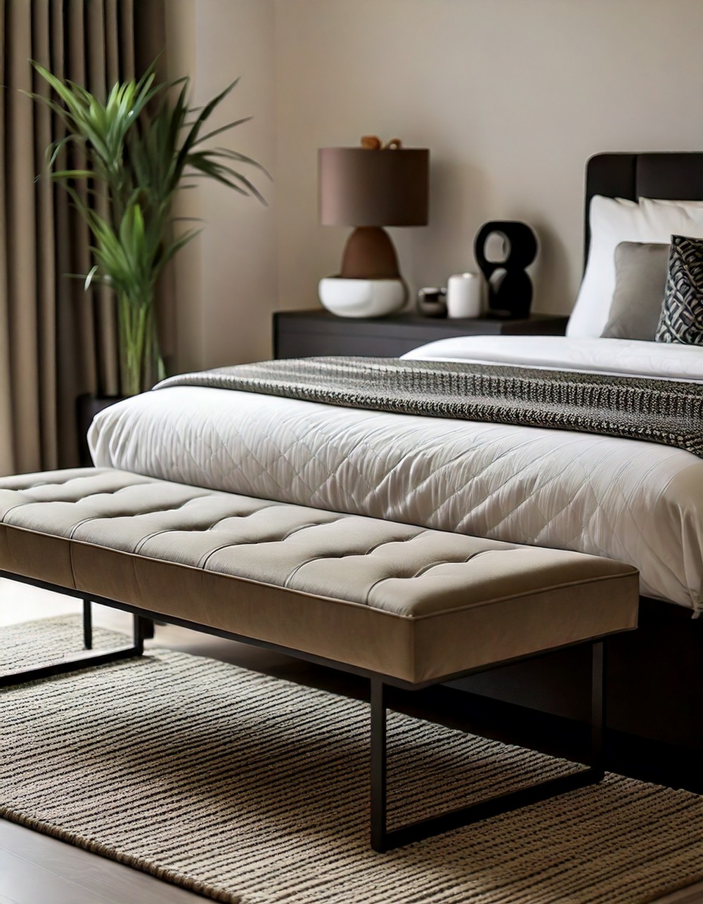 Add a low-profile modern bench at the foot of the bed