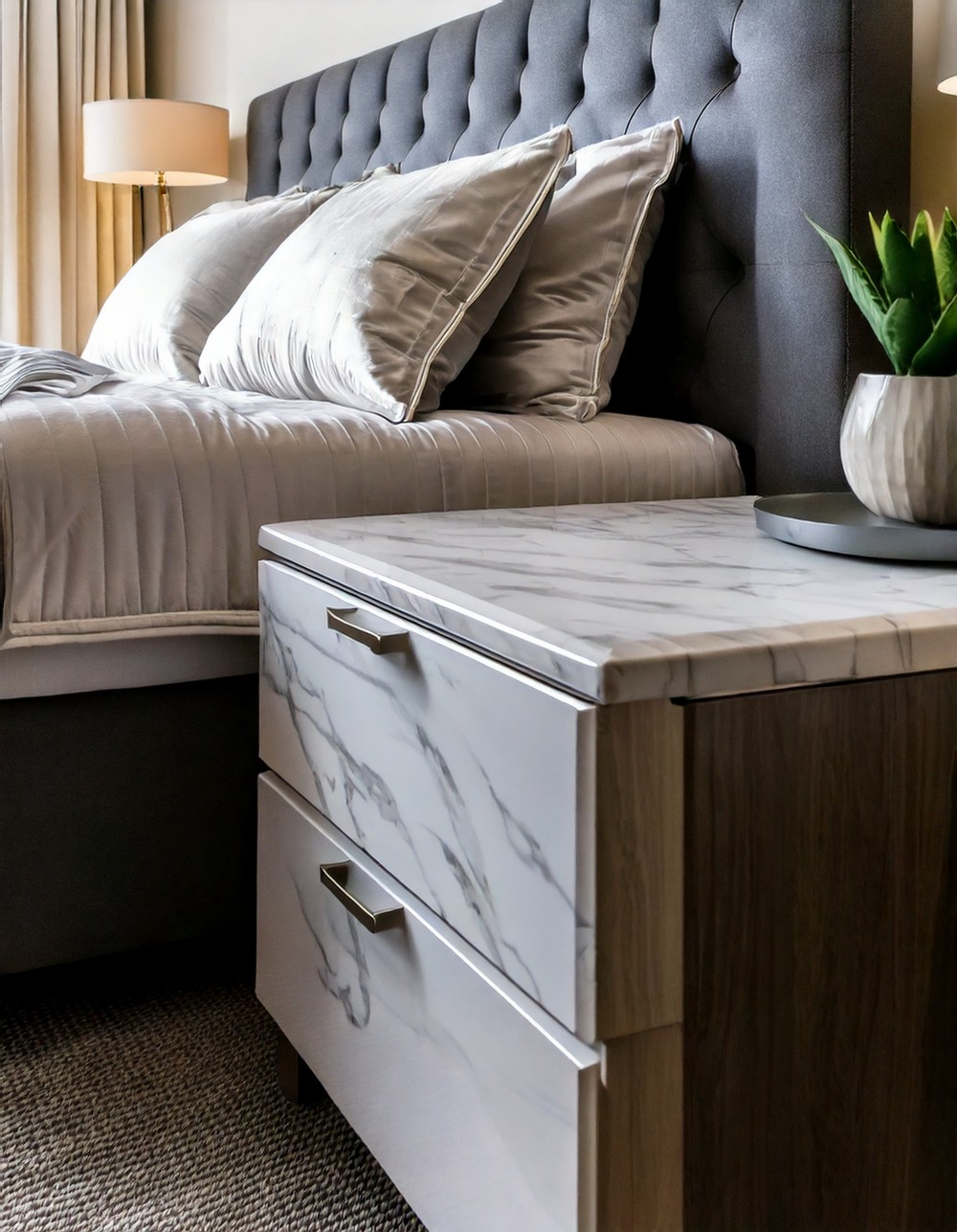 Add a sleek marble-topped nightstand