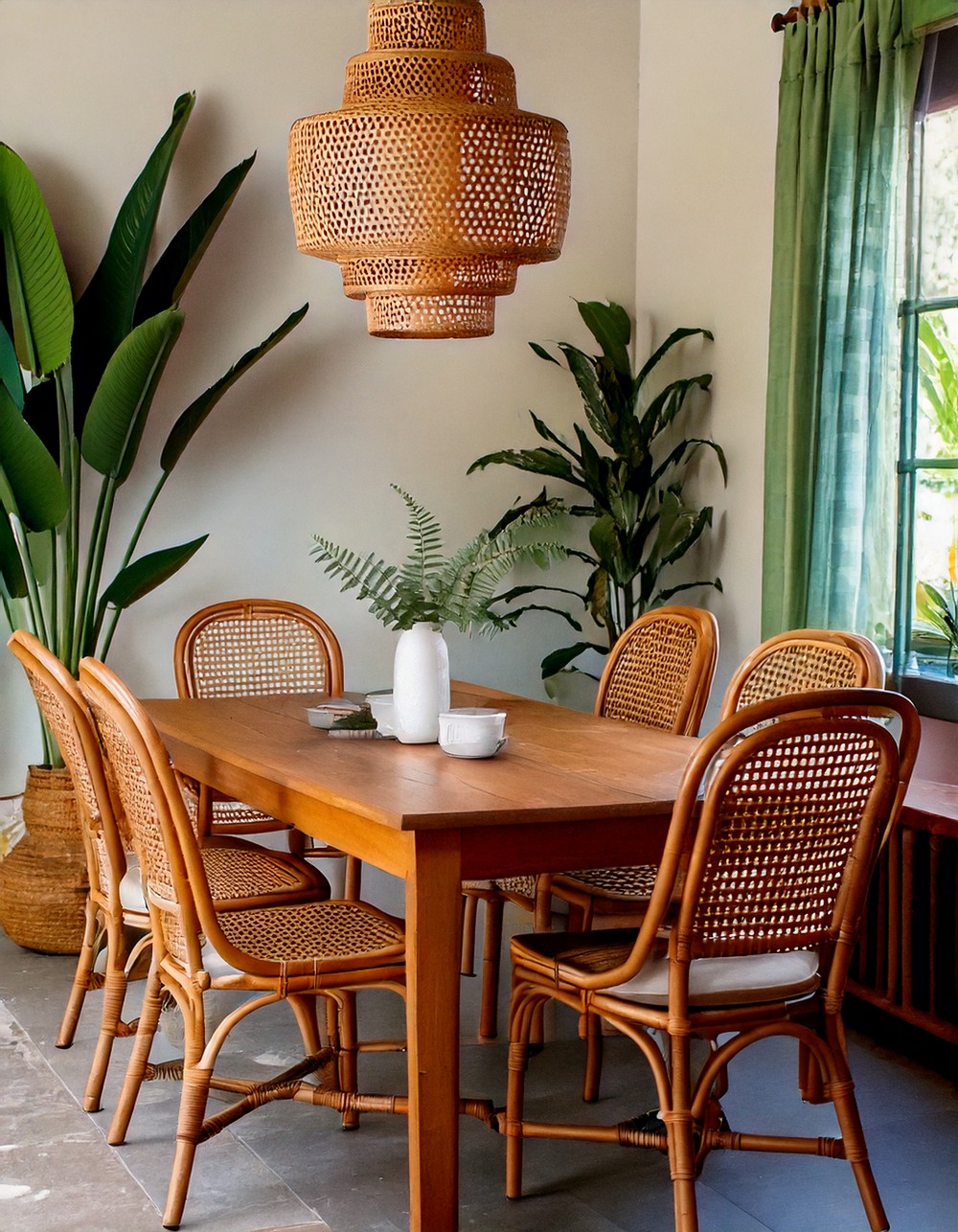 Add vintage rattan chairs for eclectic seating