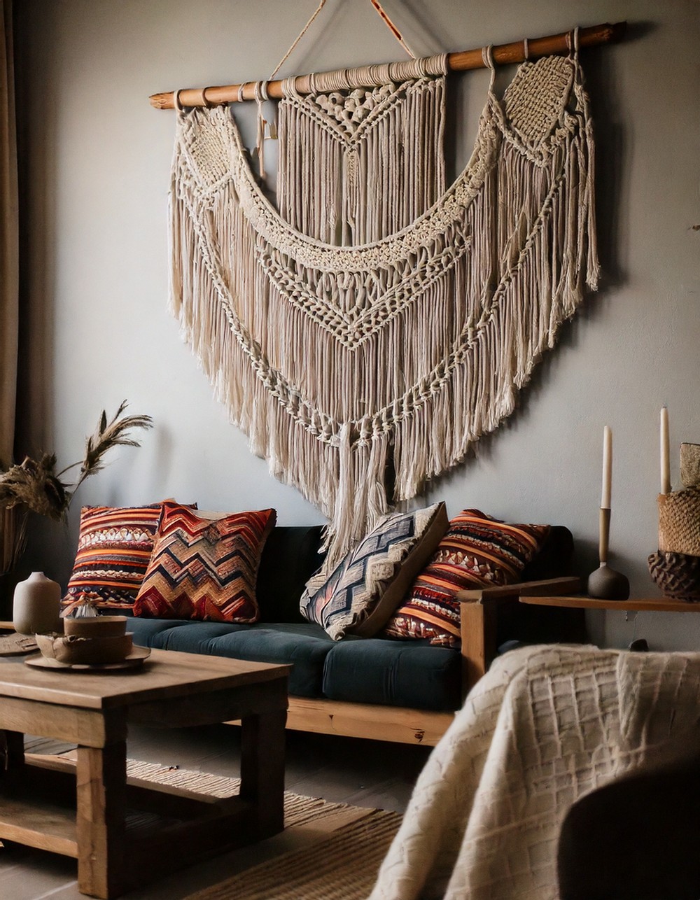 Bohemian Macrame Wall Hanging with Dark Accents