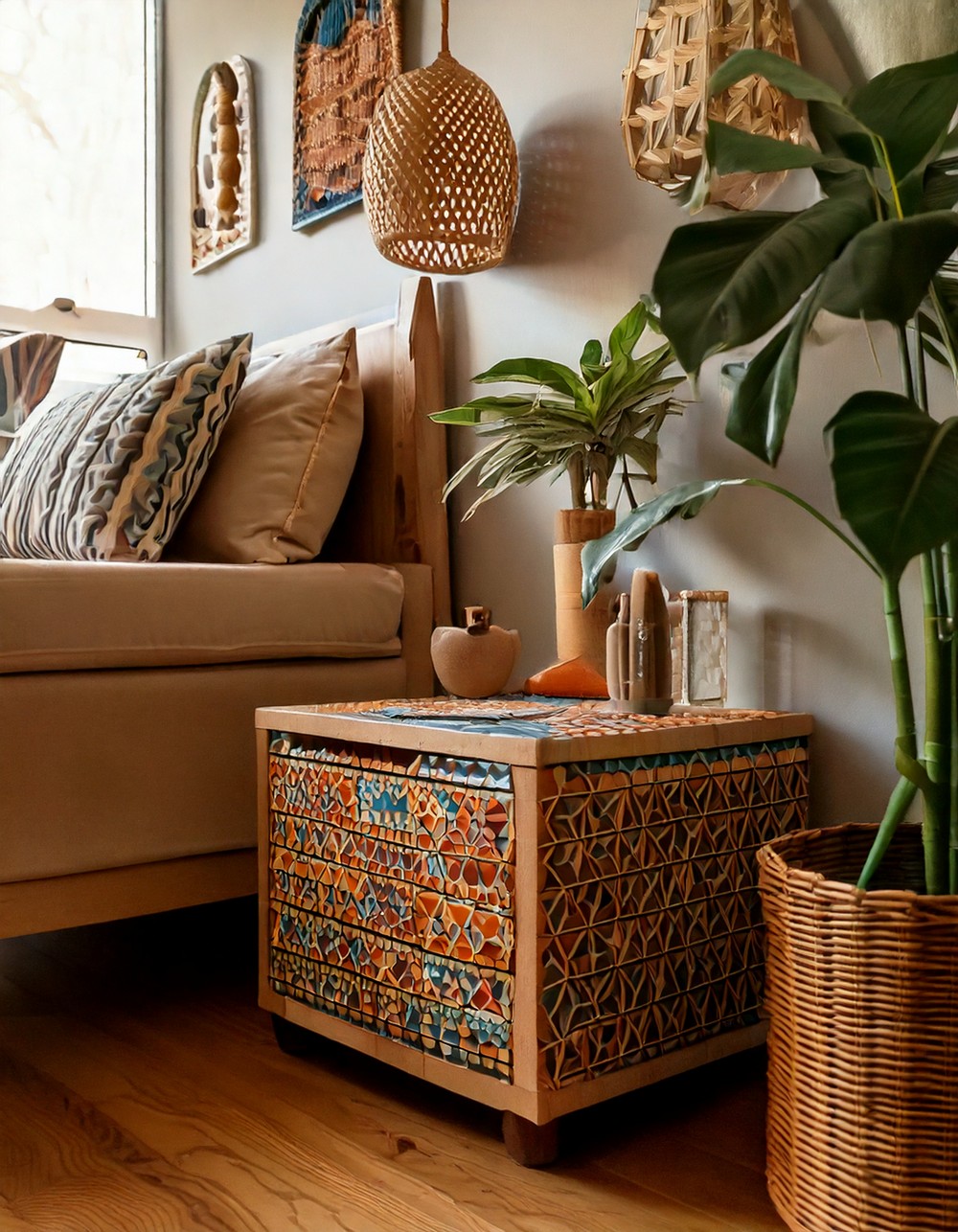 Boho nightstand with colorful mosaic tiles