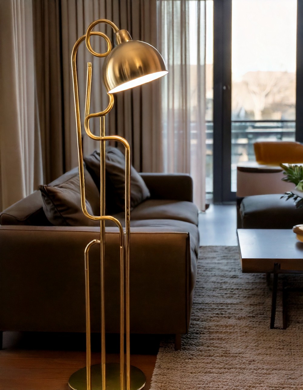 Brass floor lamp with unique sculptural design