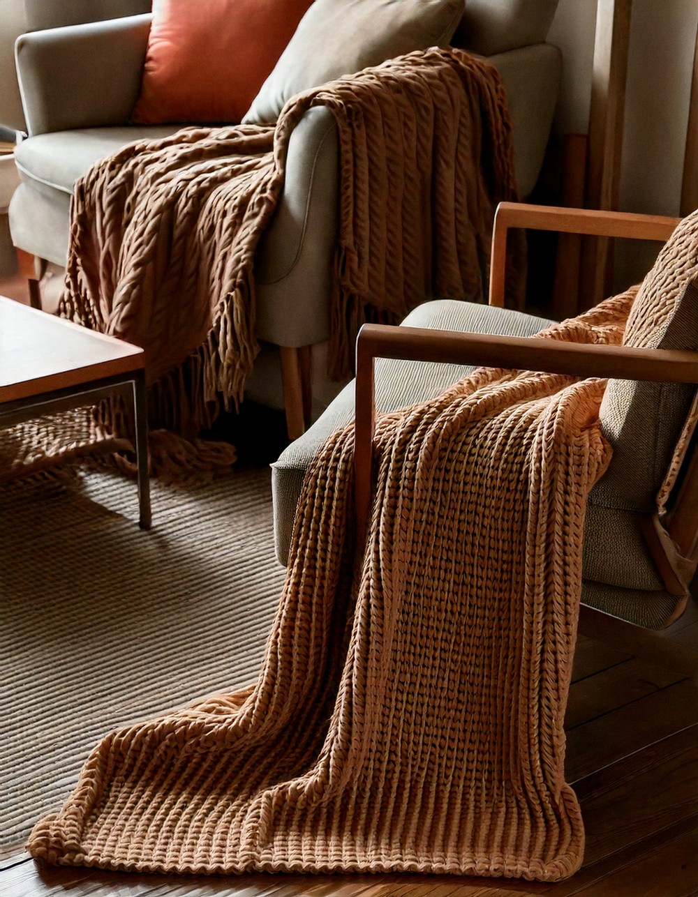 Chunky knit throw blankets in earthy tones