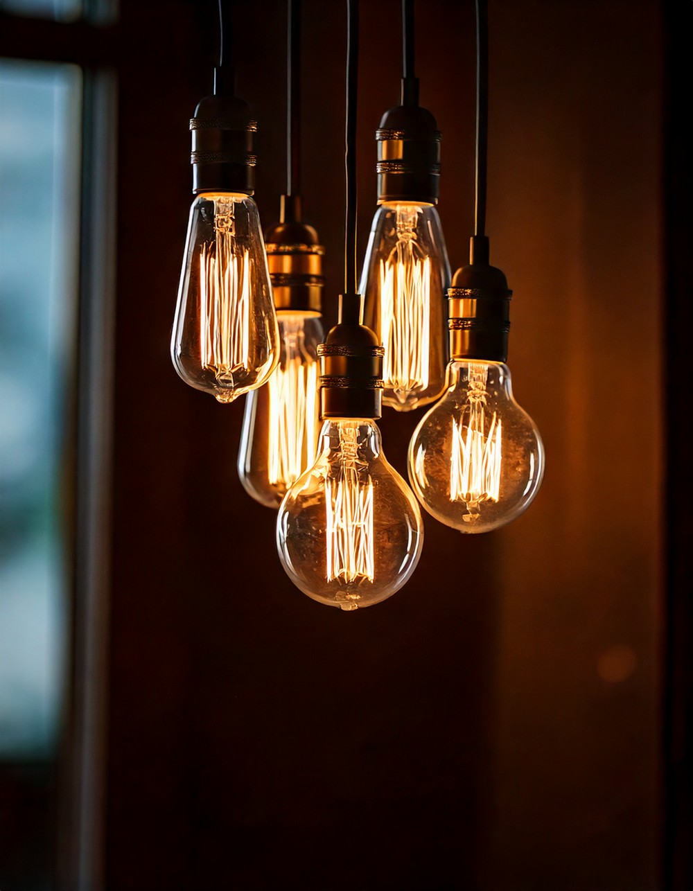 Cluster of Hanging Edison Bulbs with Dim Warm Light