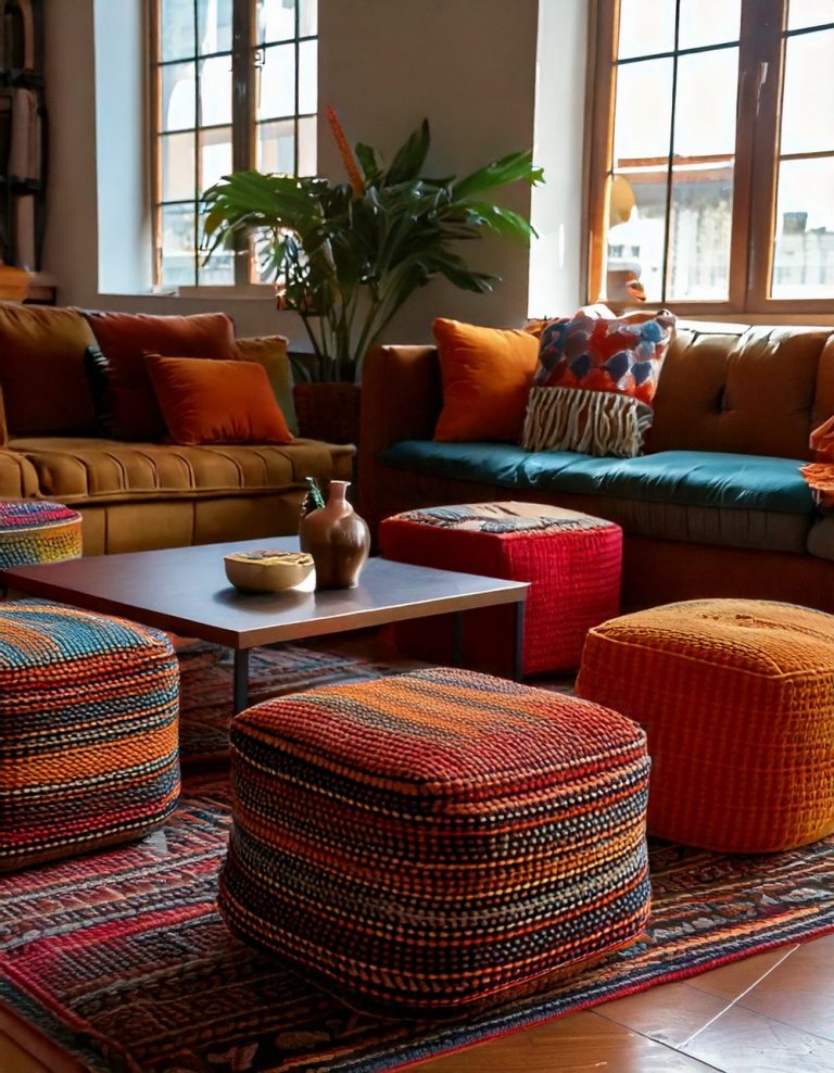 Colorful Moroccan poufs as playful seating options