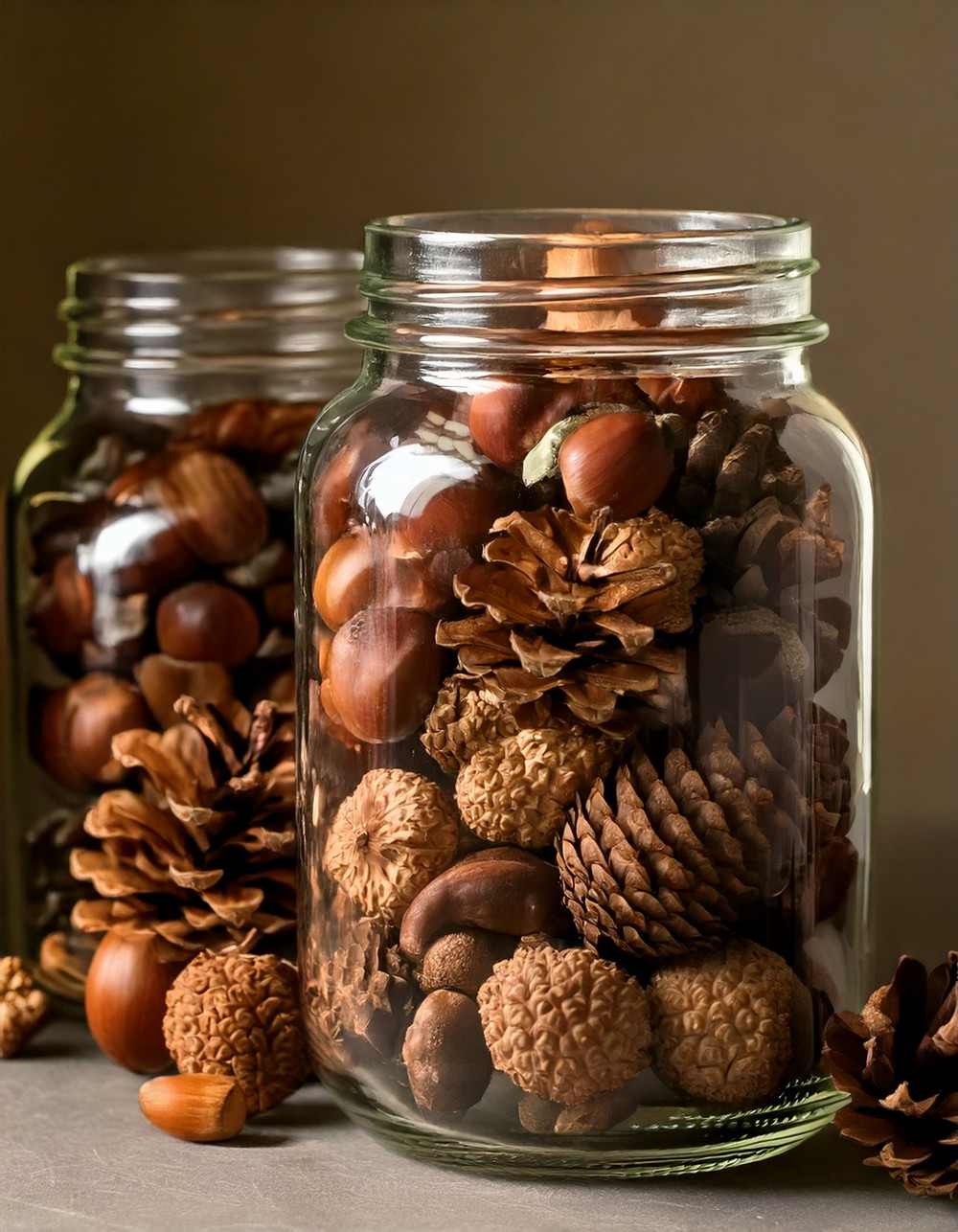 Display Acorns and Pinecones in Clear Jars