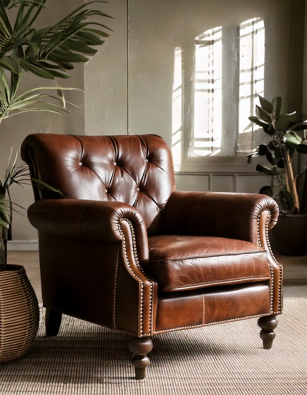Distressed leather armchair