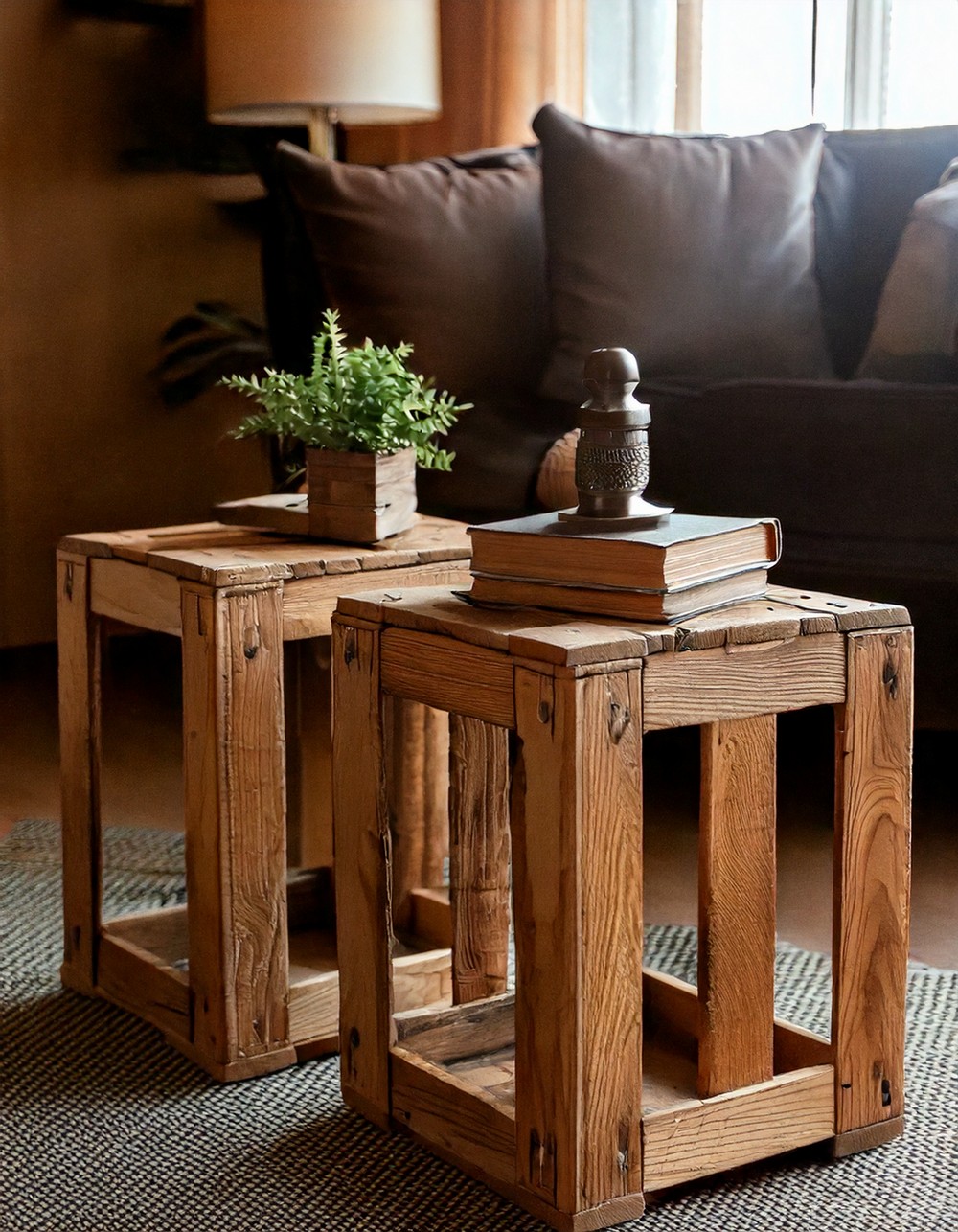 Distressed wooden crates used as side tables