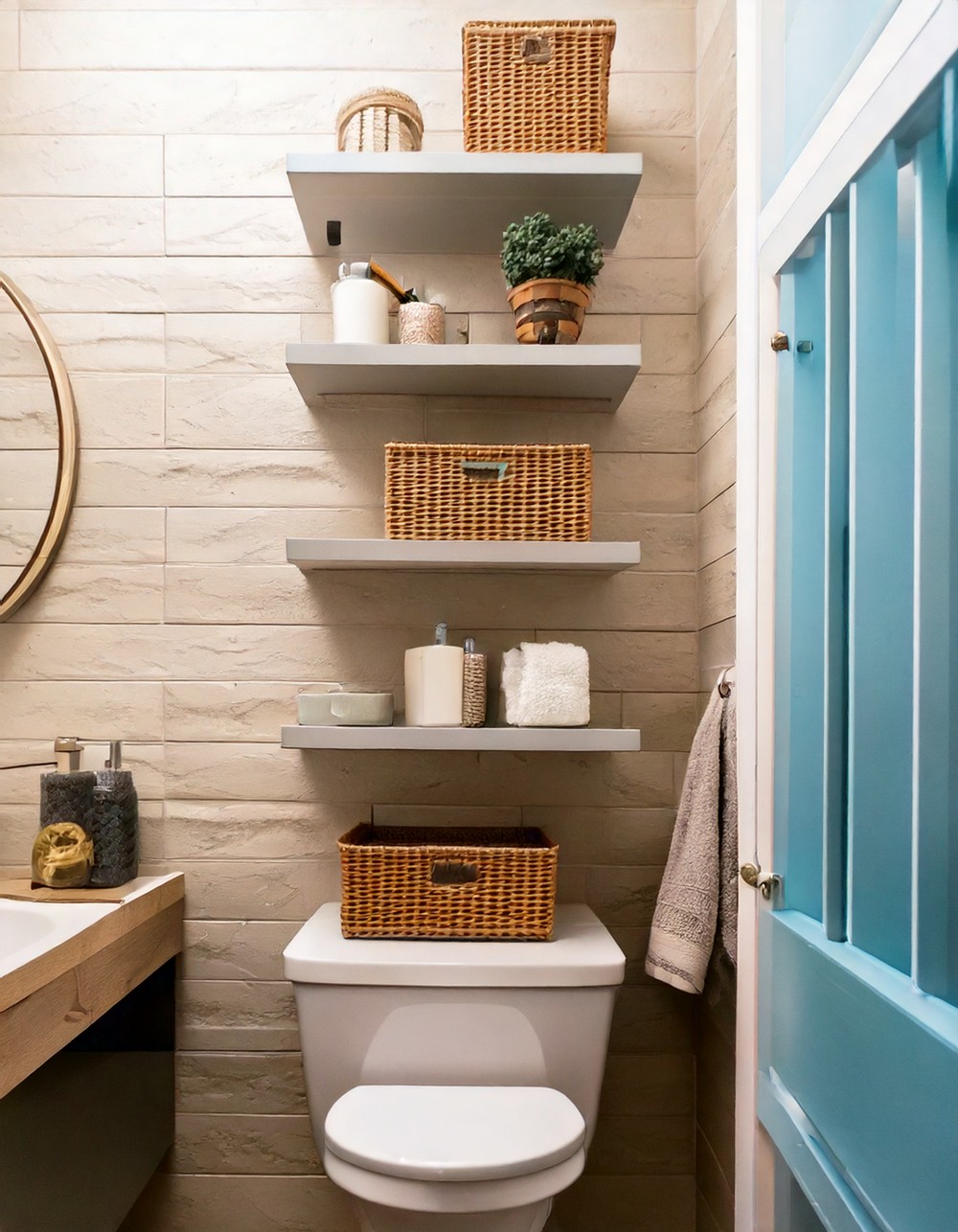 Floating shelves above the toilet