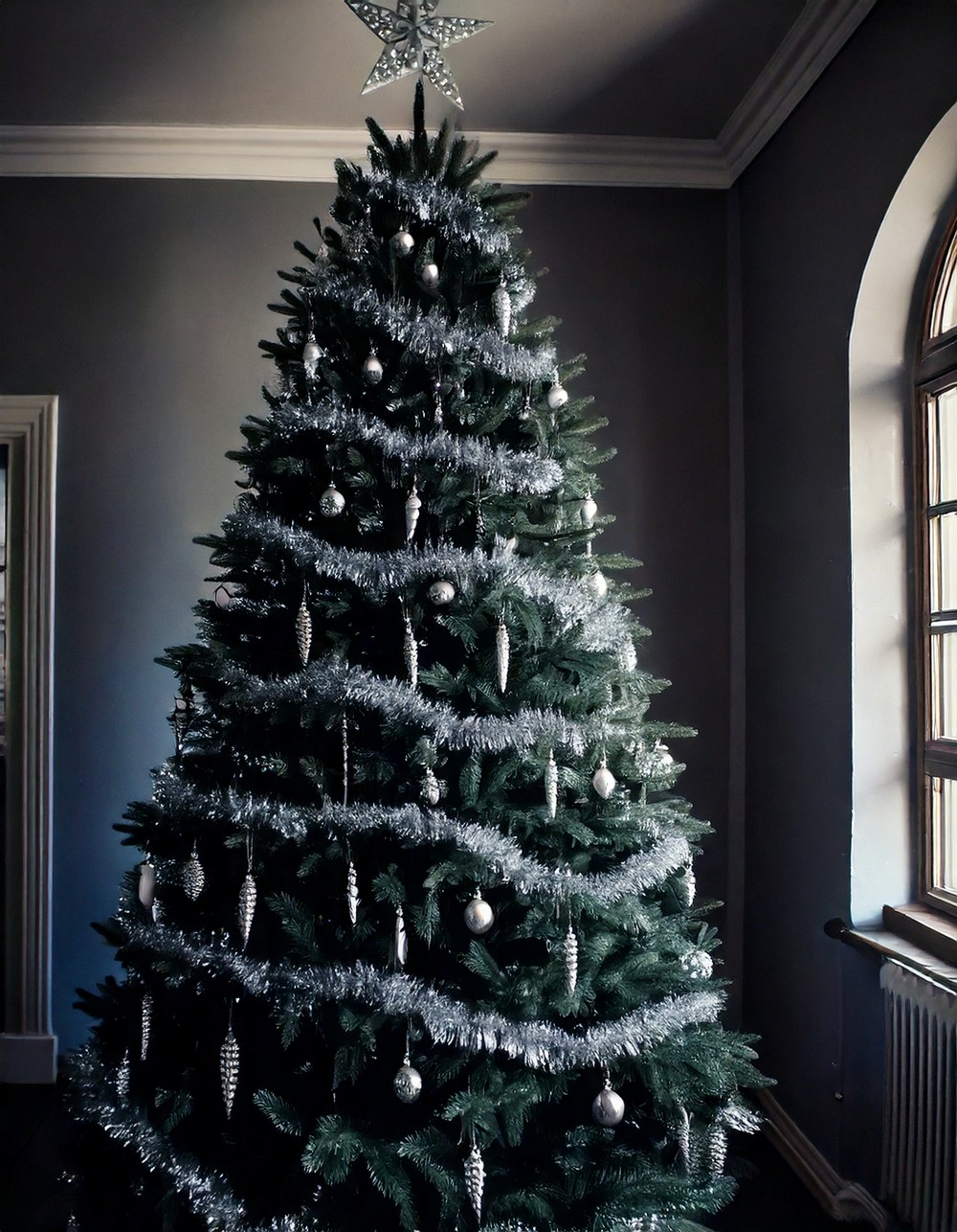 Gothic Black Christmas Tree with Silver Garlands