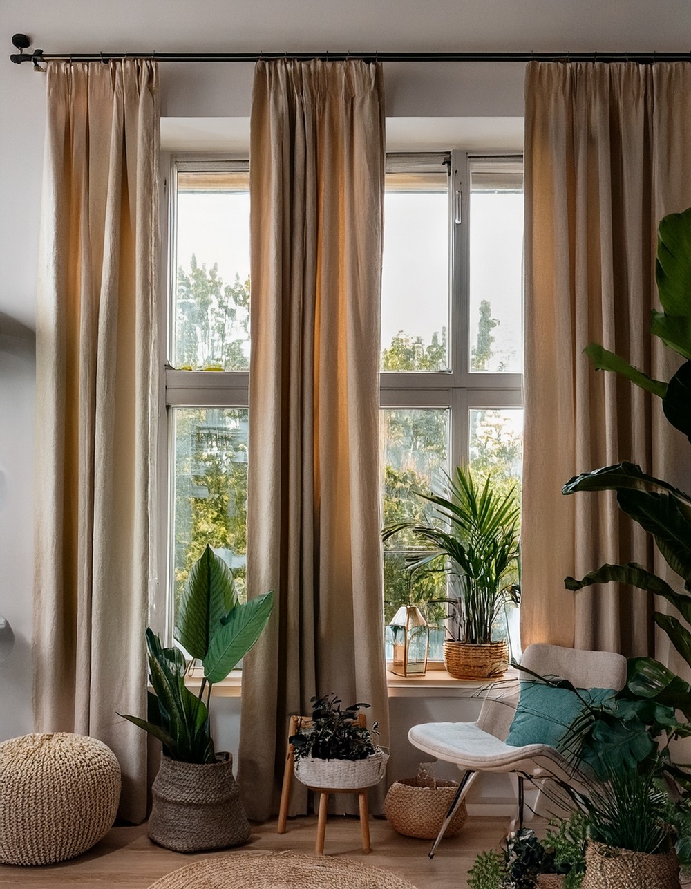 Hang beige curtains for a soft and inviting atmosphere