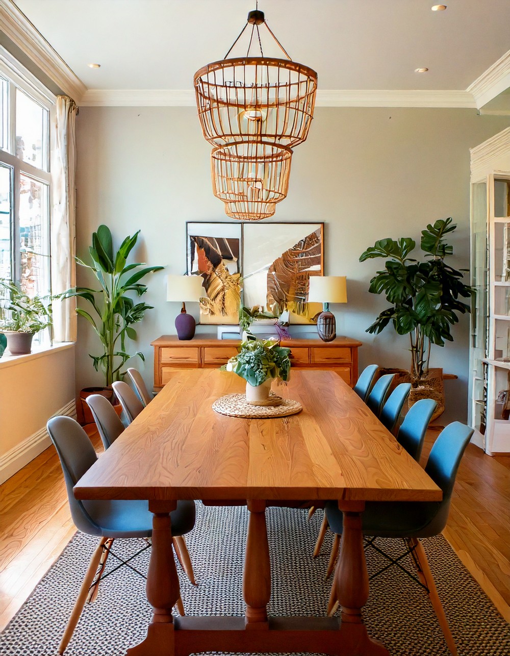 Include a large wooden dining table