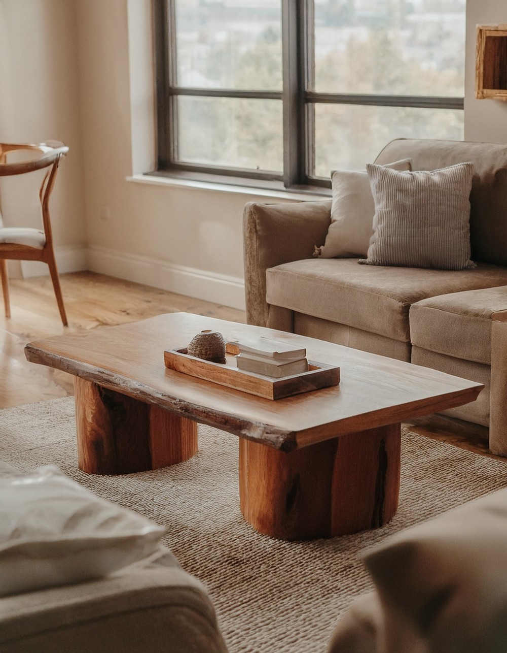 Include a statement wooden coffee table