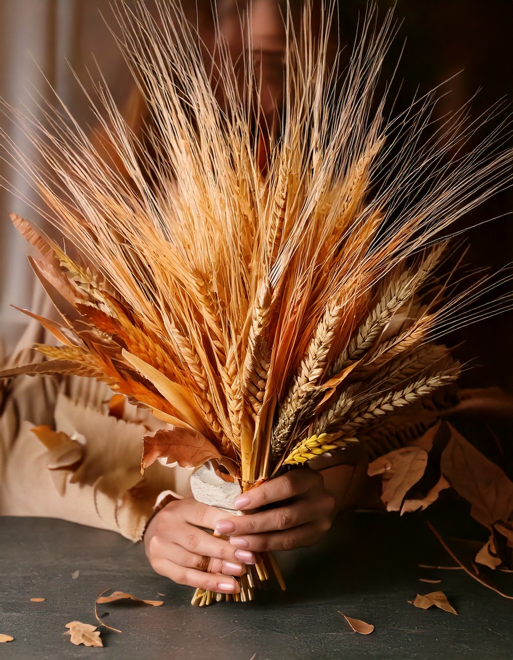Incorporate Dried Leaf or Wheat Arrangements