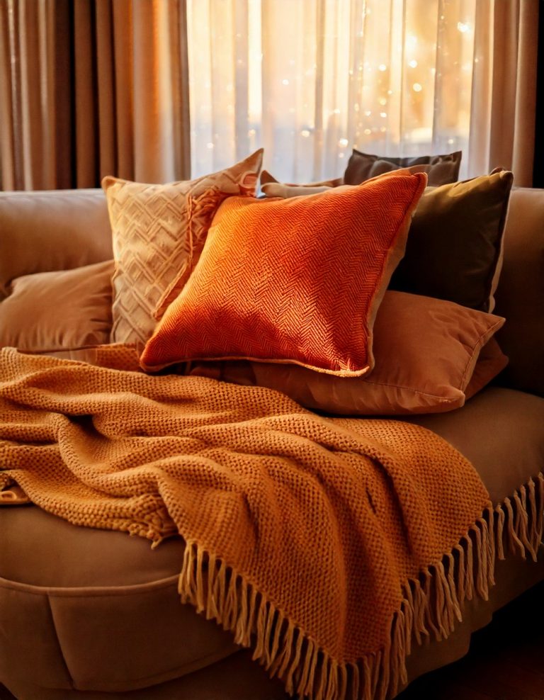 Incorporate Warm-Toned Throw Pillows and Blankets