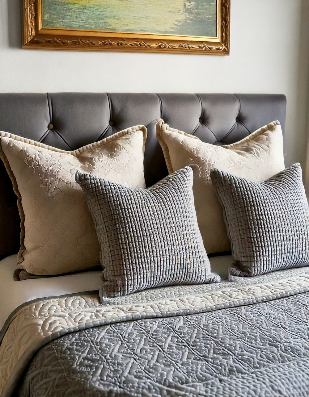 Intricate Beige and Grey Quilted Bedspread