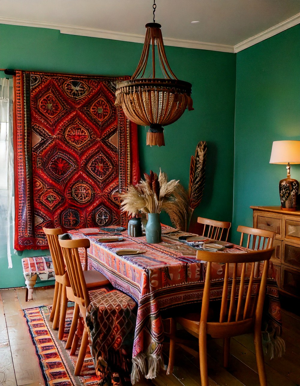 Layer textiles with bohemian print tablecloths