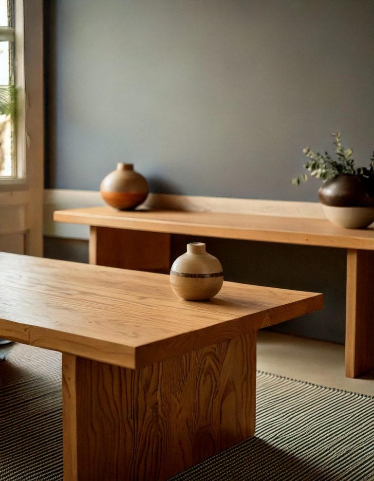 Low-profile desks with natural wood finishes