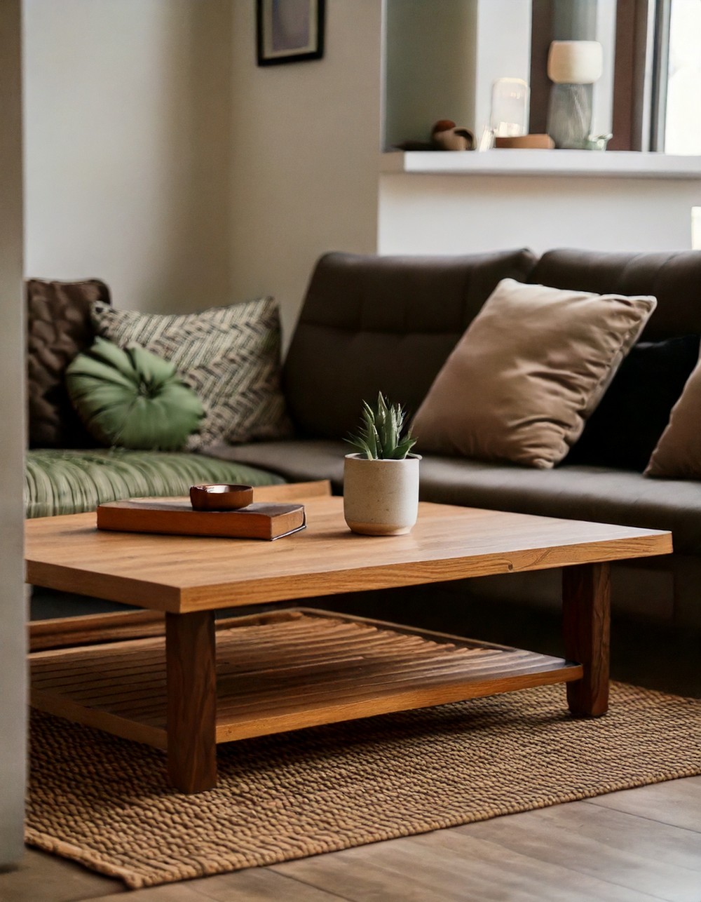 Low-profile wooden coffee table