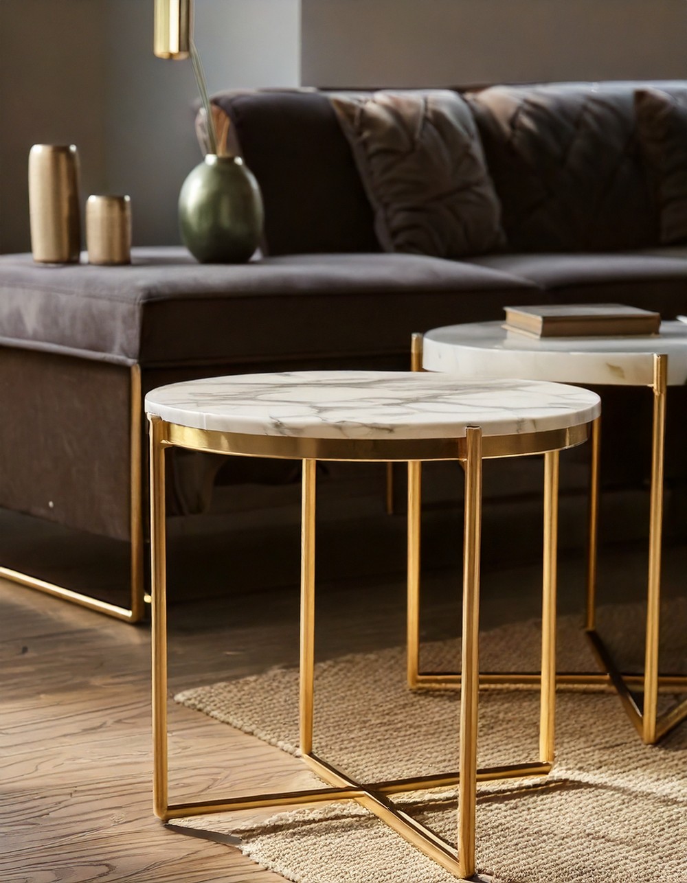 Marble top side tables with brass legs