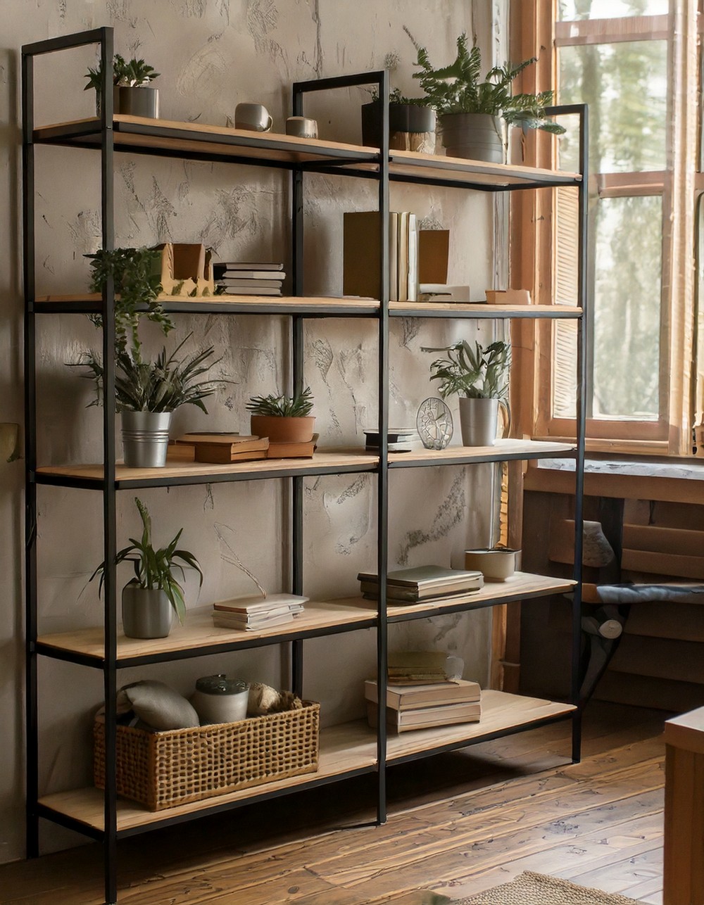 Metal-framed open shelving for industrial storage