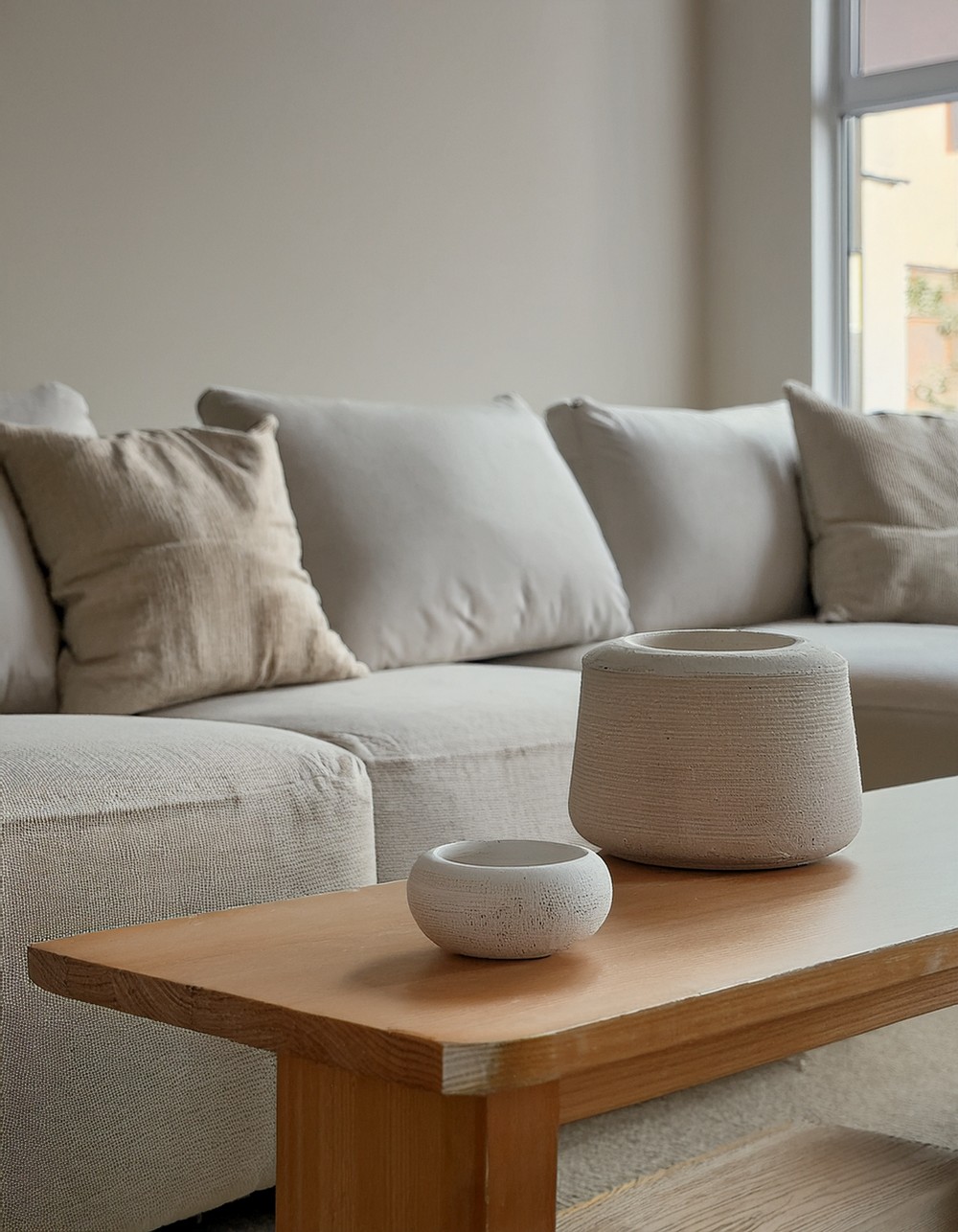Mix textures like linen cushions with smooth ceramics