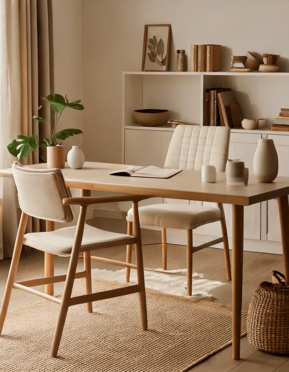 Neutral base colors like soft whites, beiges, and browns