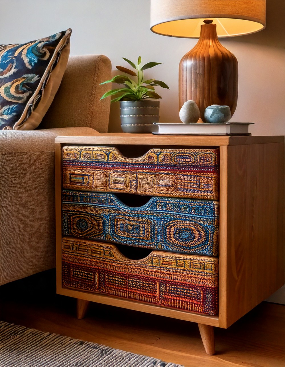 Nightstand adorned with ethnic print fabric drawer fronts
