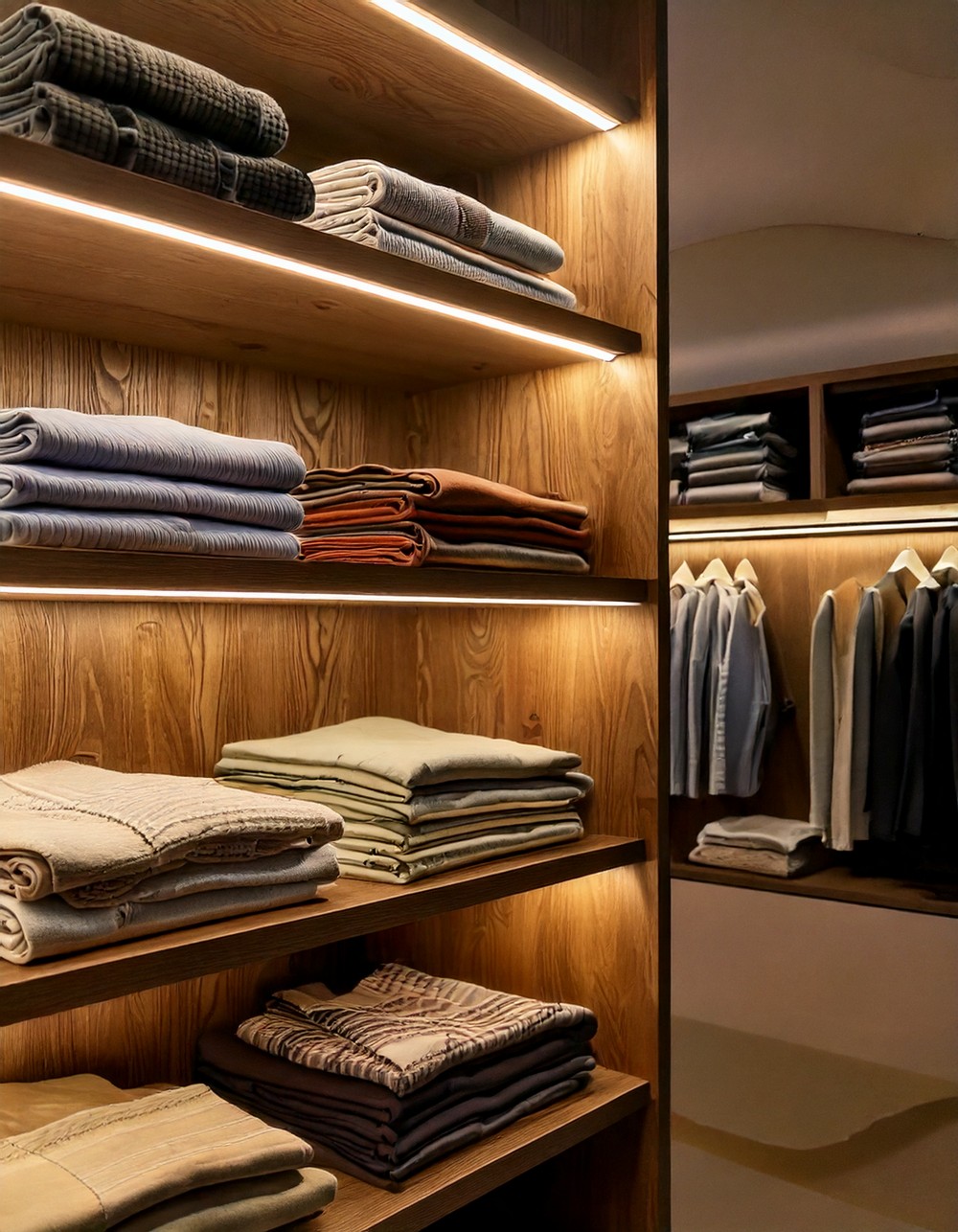 Open shelves with spotlighting for folded clothes