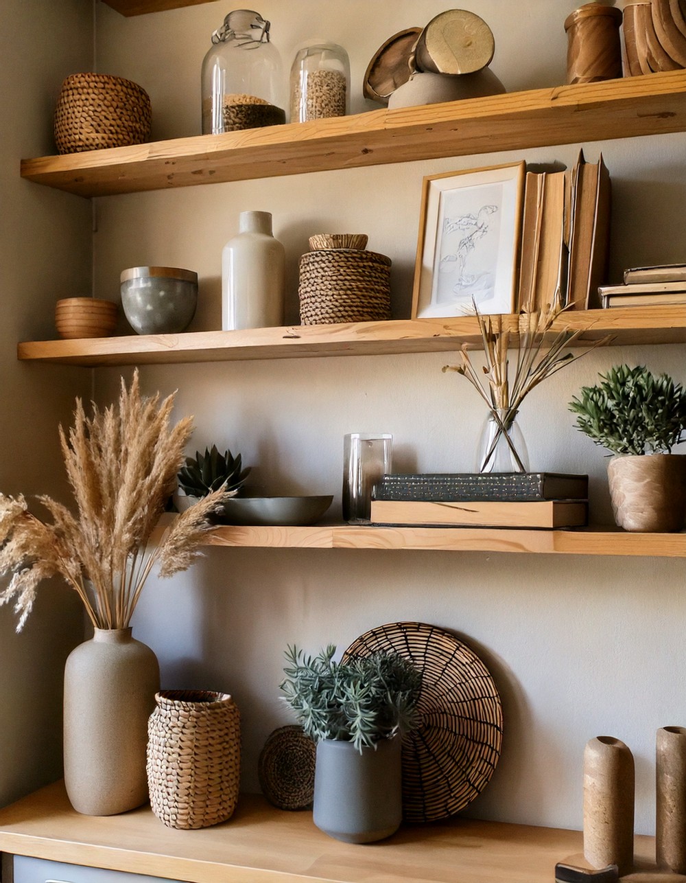 Open shelving with curated decor