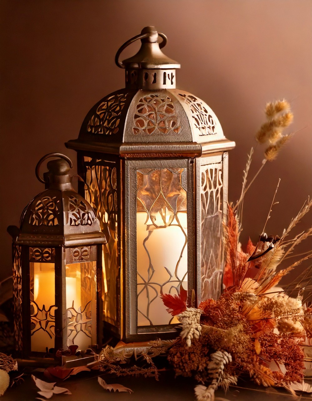 Pair Lanterns with Dried Fall Florals