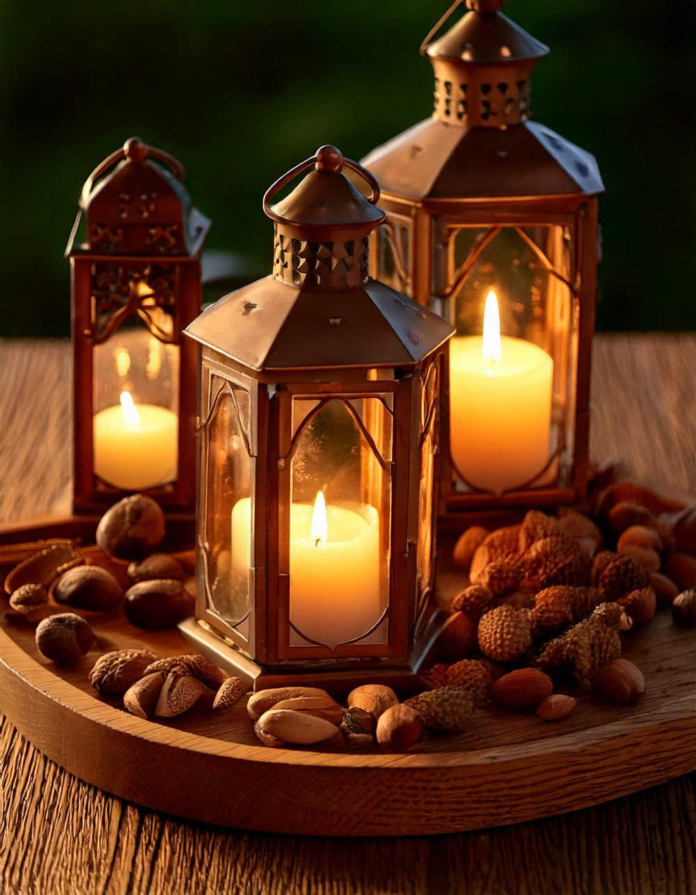 Place Lanterns on a Wooden Tray with Acorns